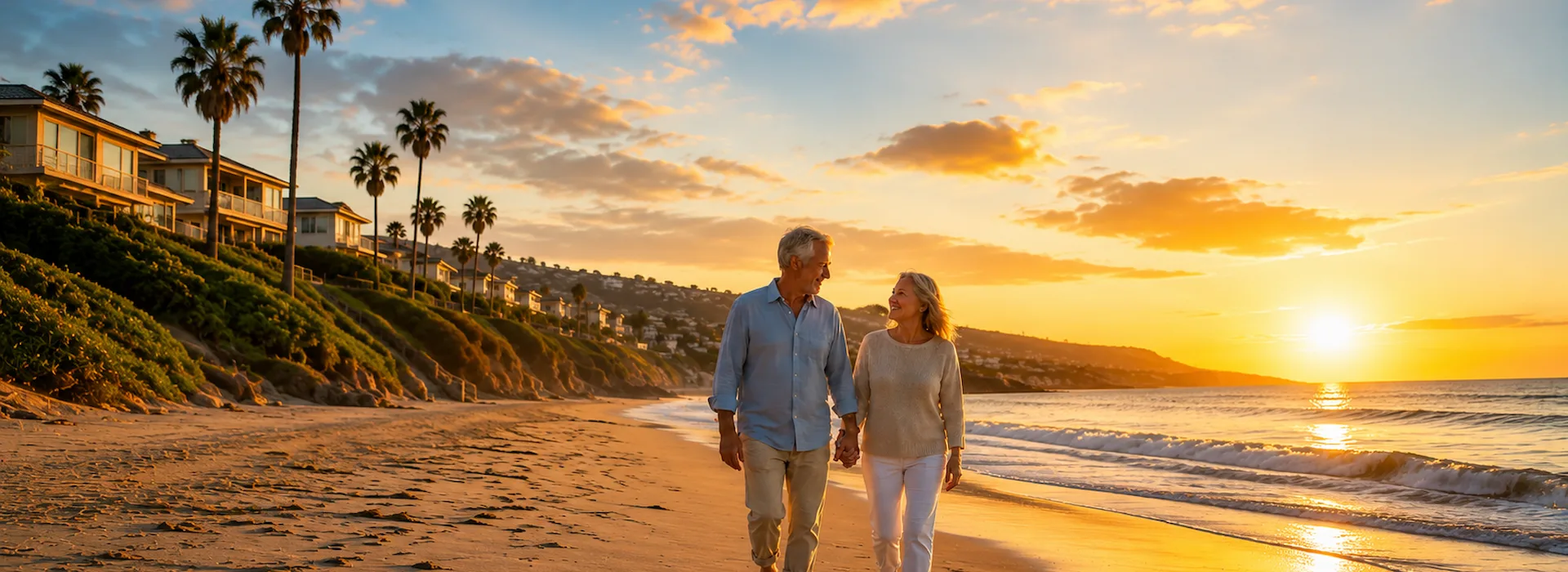 Retired couple walking together along the beach